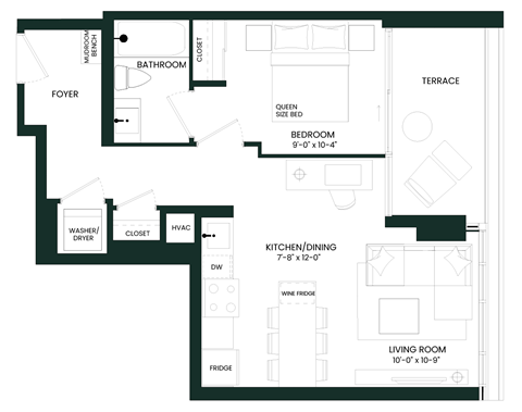 Floor plan for 1 bed, 1 bath, 564 sqft